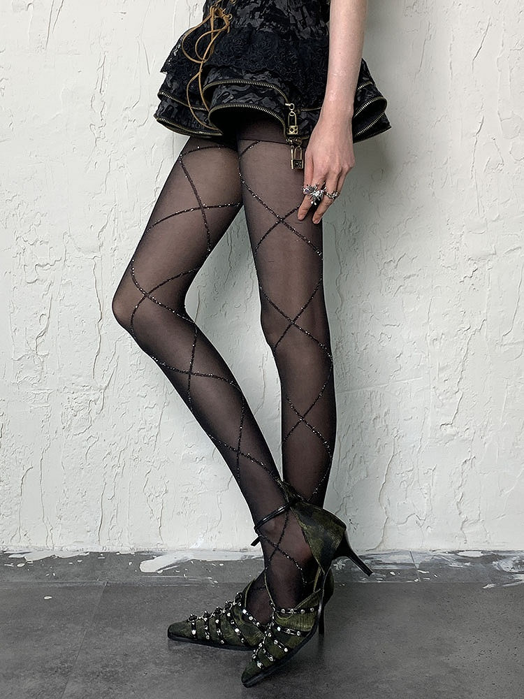 Black Punk Diamond Pattern Tights